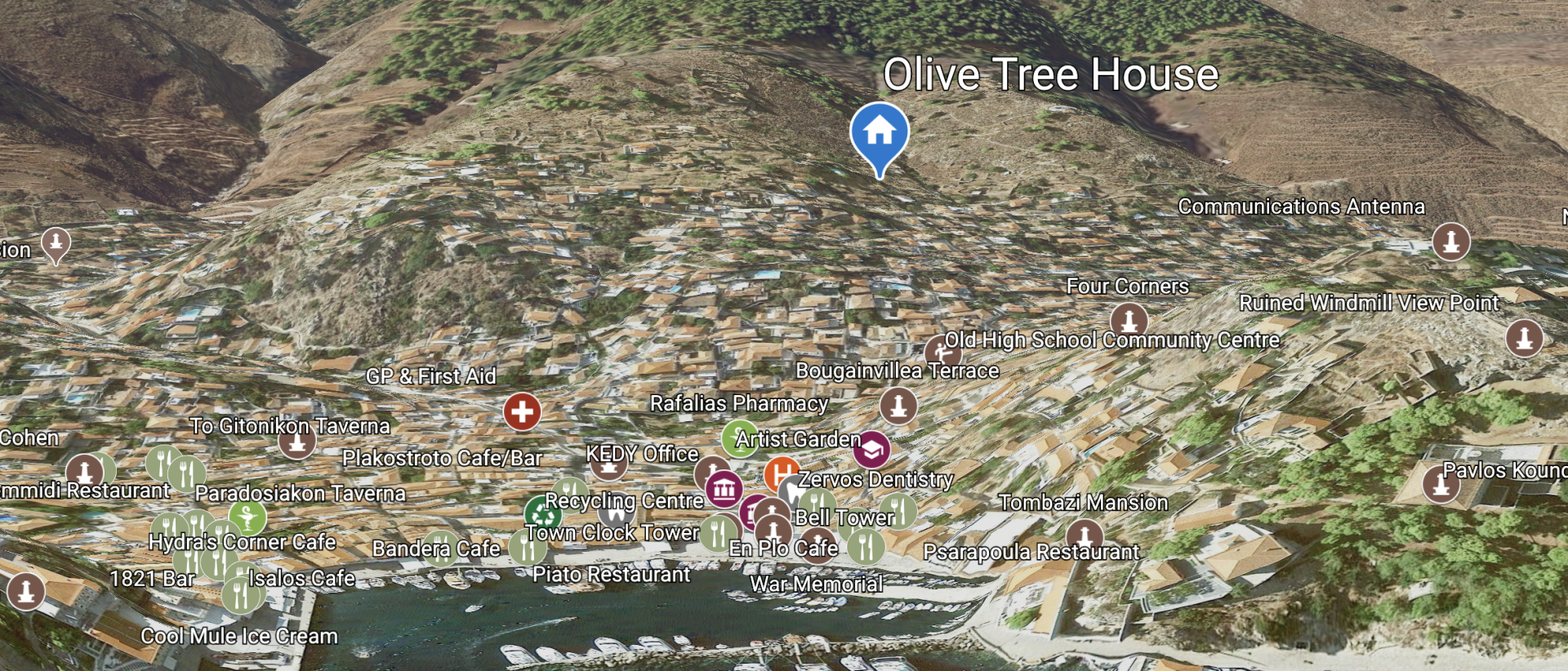 © 2020 HYDRADIRECT Location Map for Olive Tree House on Hydra Island Greece