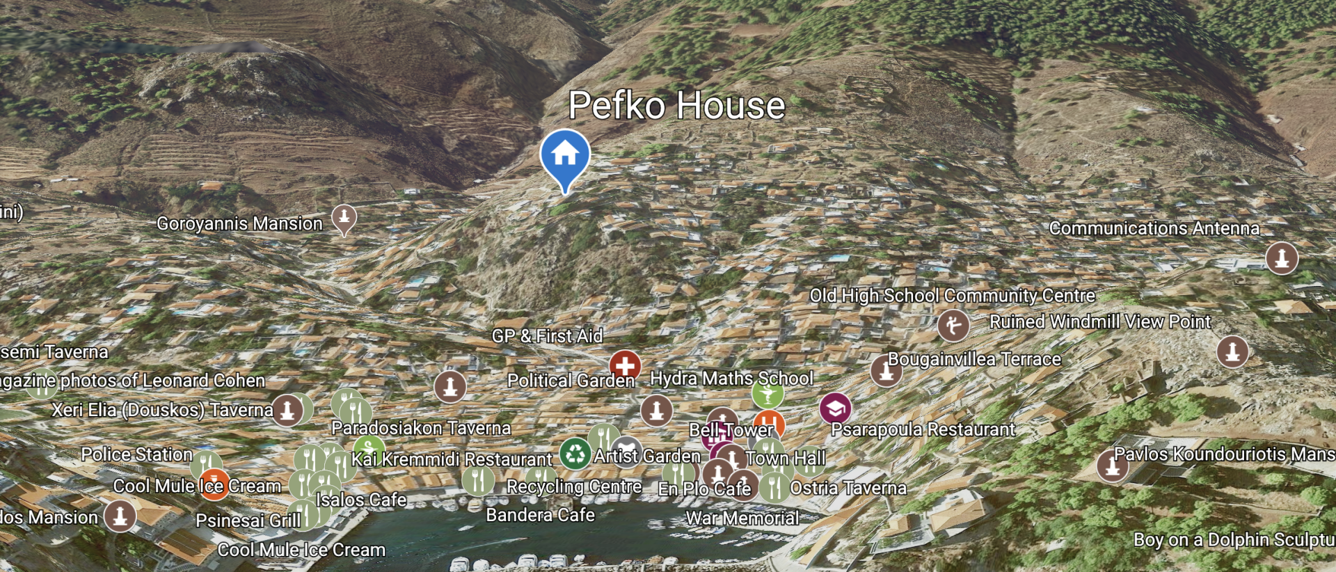 Location Map for Pefko House on Hydra Island Greece