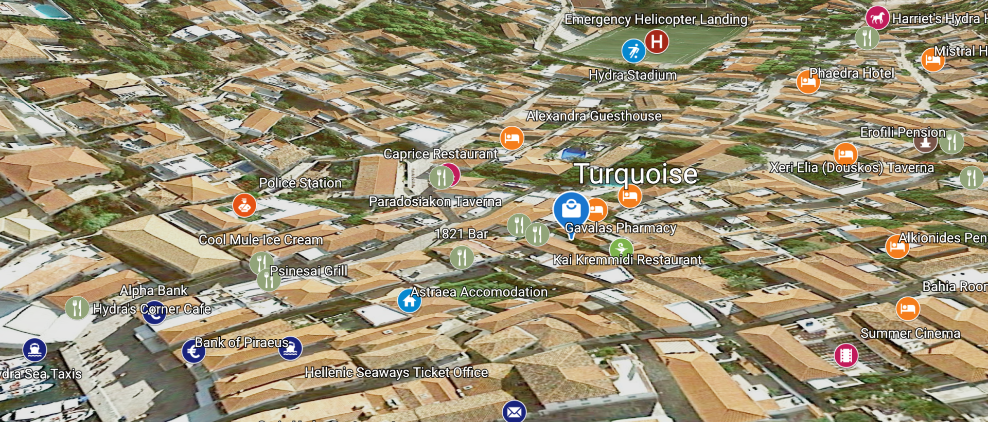 © 2020 HYDRADIRECT Map to find the Turquoise Shop on the Greek Island of Hydra.