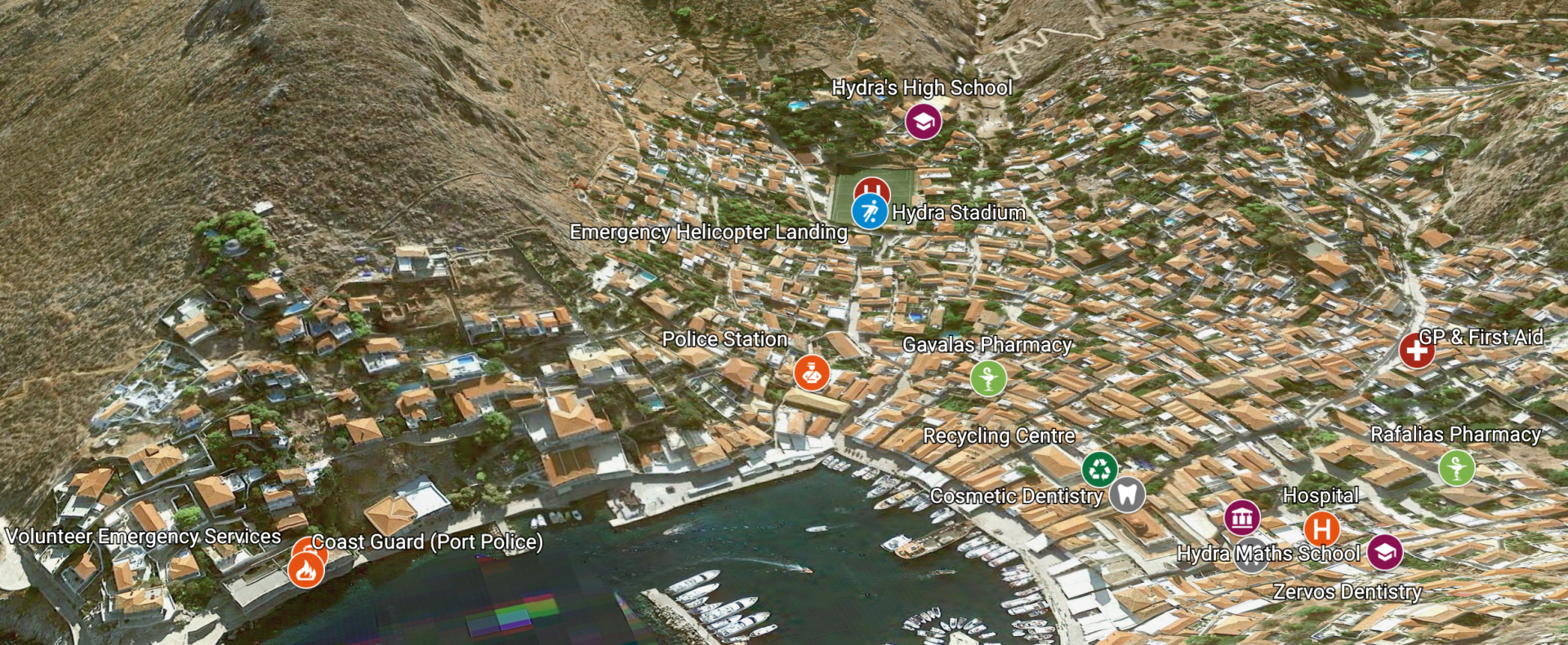 Location map of emergency services for Hydra Island Greece