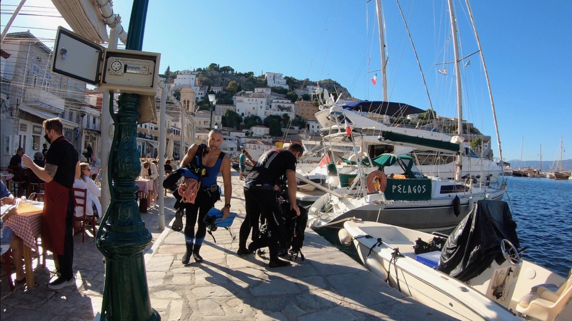 Oct 31 2020 Cleanup operation of seabed rubbish in Hydra Harbour on Hydra Island Greece.
