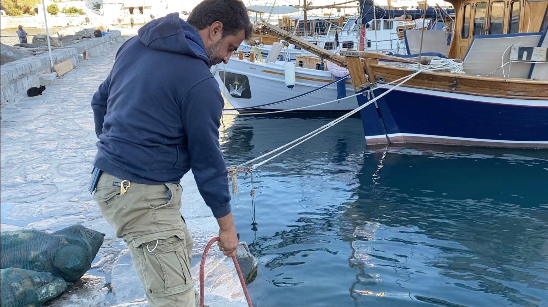 Oct 31 2020 Cleanup operation of seabed rubbish in Hydra Harbour on Hydra Island Greece.