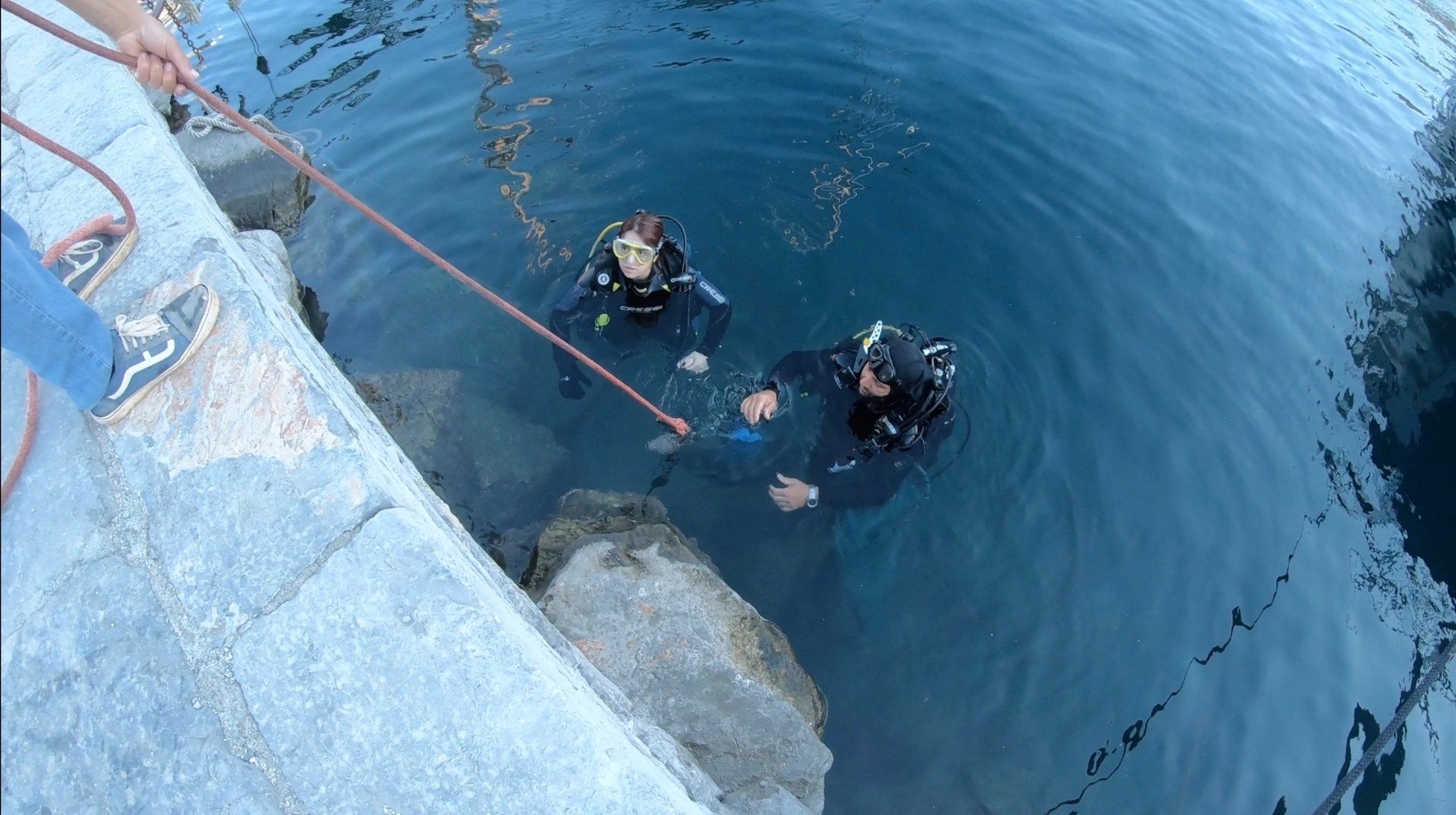 Oct 31 2020 Cleanup operation of seabed rubbish in Hydra Harbour on Hydra Island Greece.