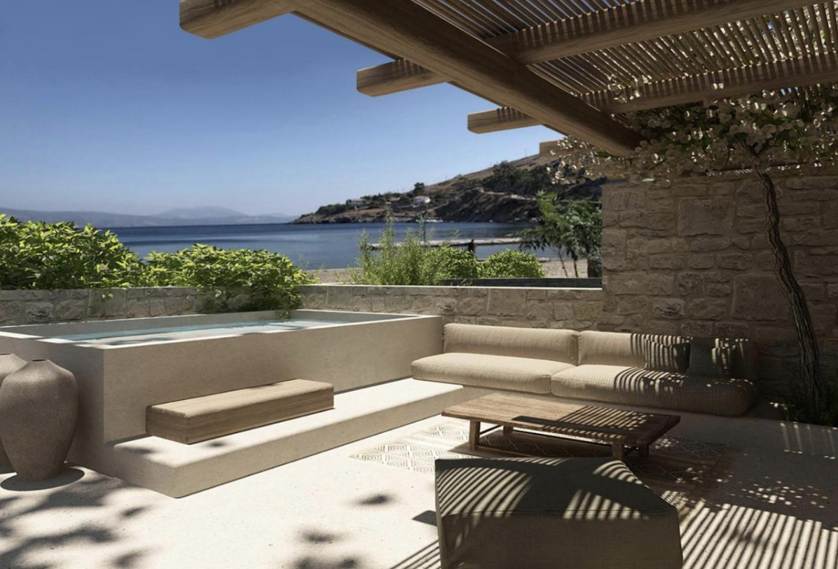 The deluxe Mandraki Beach Resort hotel, Hydra Island Greece