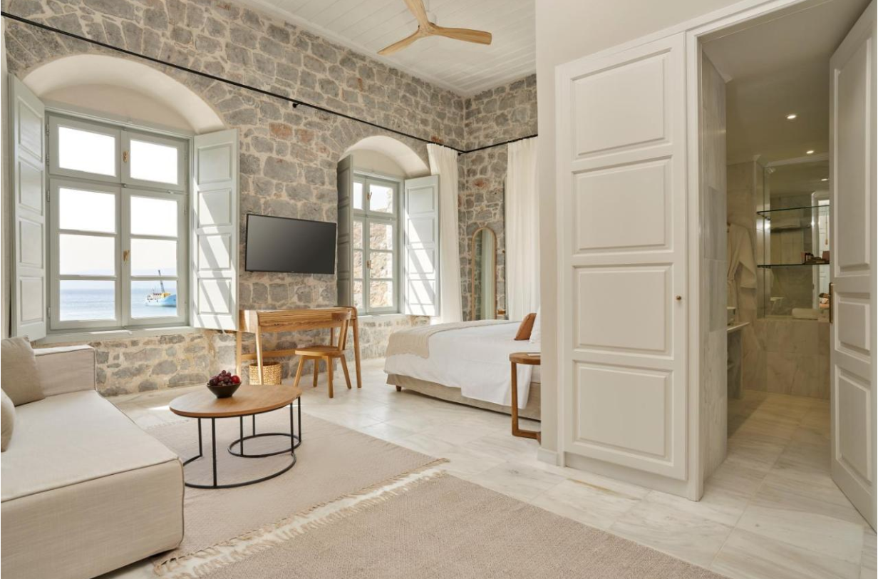 The deluxe Mandraki Beach Resort hotel, Hydra Island Greece