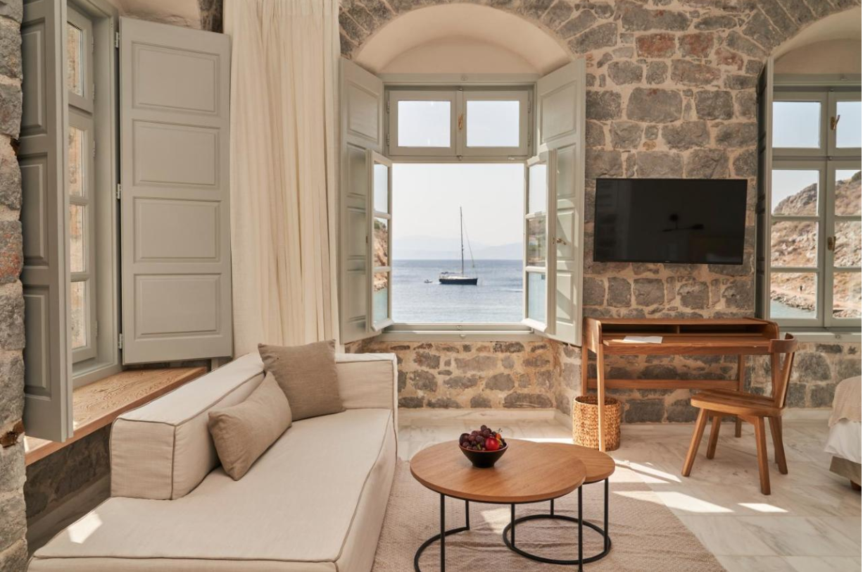 The deluxe Mandraki Beach Resort hotel, Hydra Island Greece