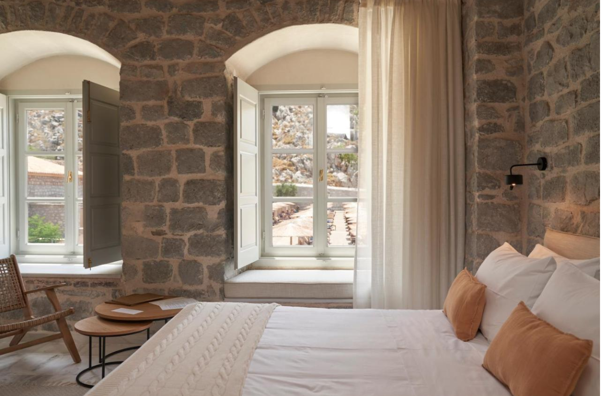 The deluxe Mandraki Beach Resort hotel, Hydra Island Greece