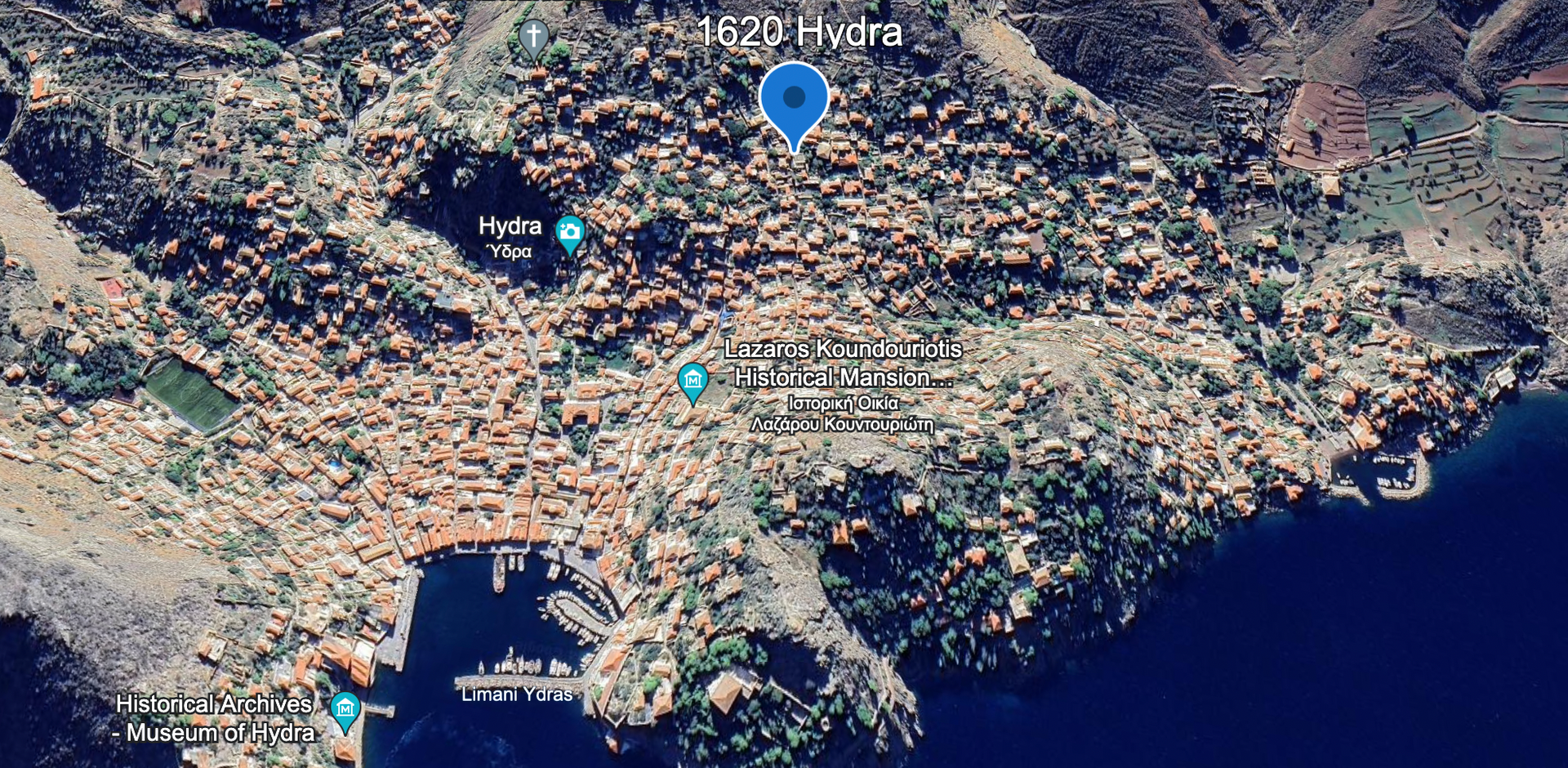 Location in Kiafa of 1620 Hydra holiday home rentals on Hydra Island Greece.