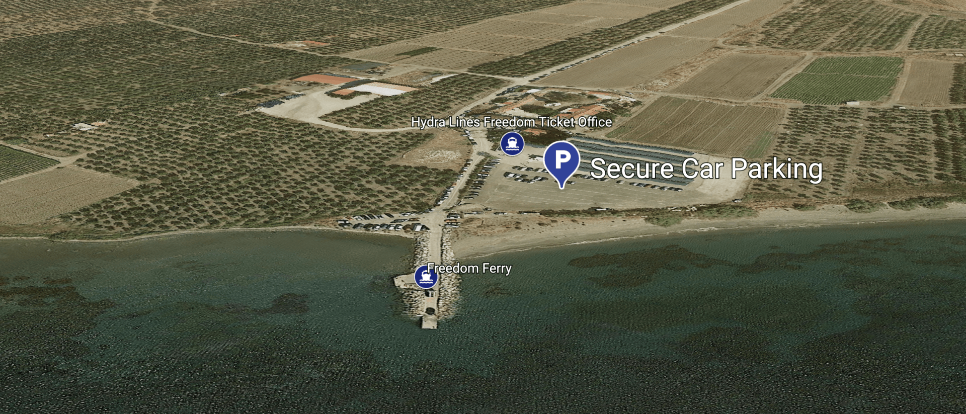 Copyright 2020 HYDRADIRECT Location map for the Secure Carpark in Metochi when going to Hydra Island Greece