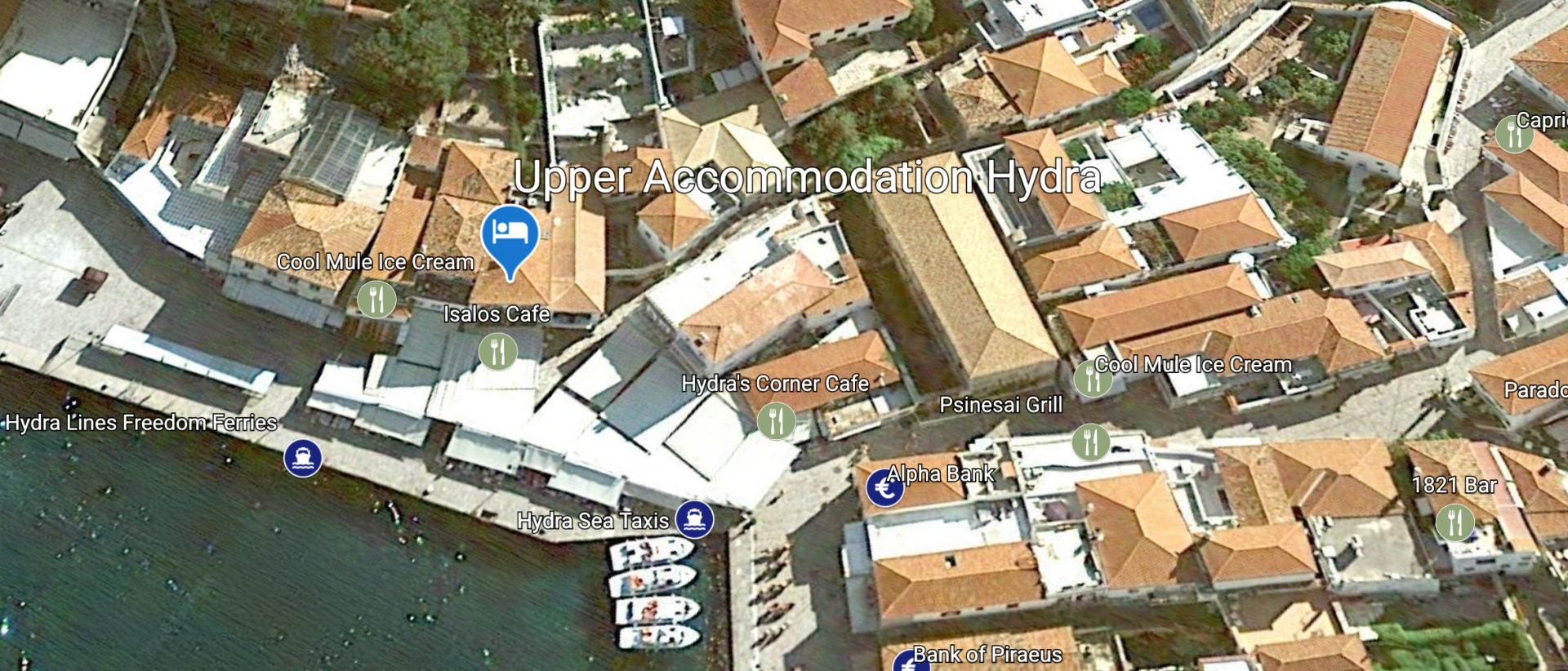 Map showing the location of the Upper Accommodation Guest House on the Greek Island of Hydra