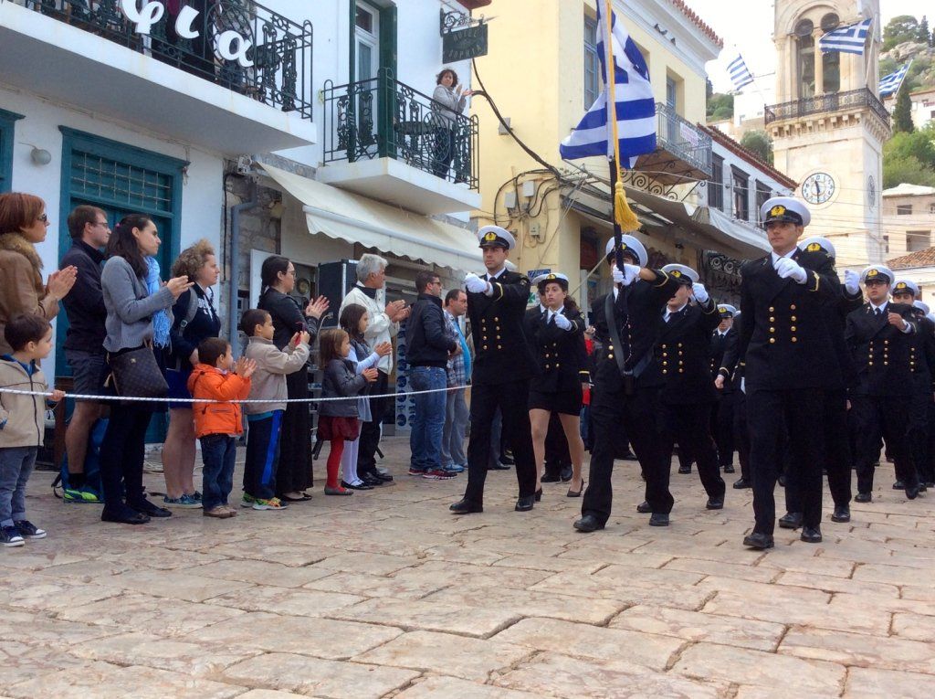 Merchant Naval Academy Ohi Day Parade on Hydra Island Greece.