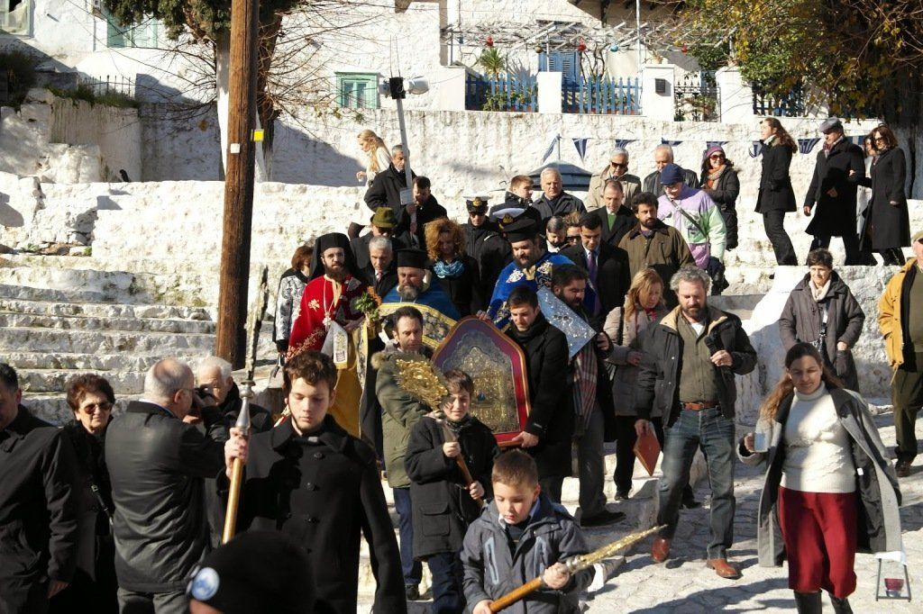 Church parade from Kala Pigadi on Hydra Island Greece - Epiphany