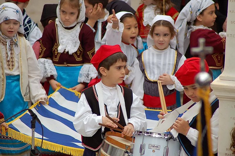 Greek Independence Day celebrated on Hydra Island Greece.