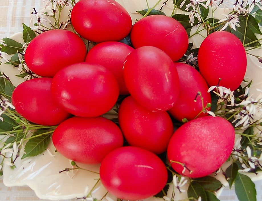 Traditional dyed red eggs ready for celebration of the Greek Orthodox Pascha, on Hydra Island, Greece, copyright HydraDirect.com