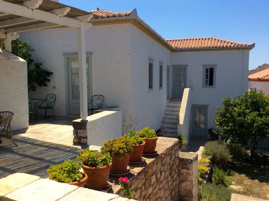 Main building at Arineso Family Villa, holiday house to rent in Kamini on Hydra Island Greece.