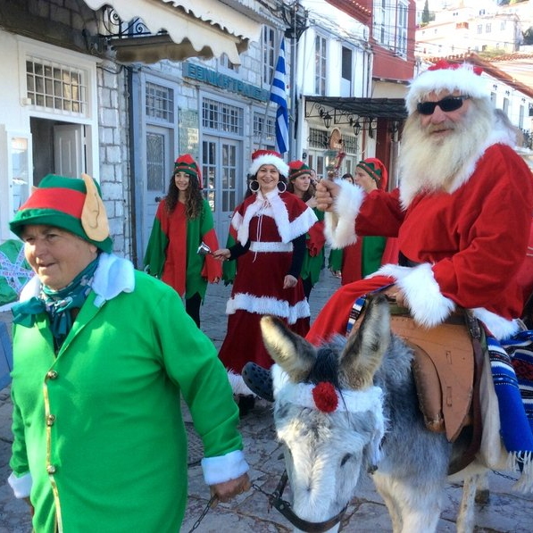 Santa's annual visit to Hydrat Island Greece.