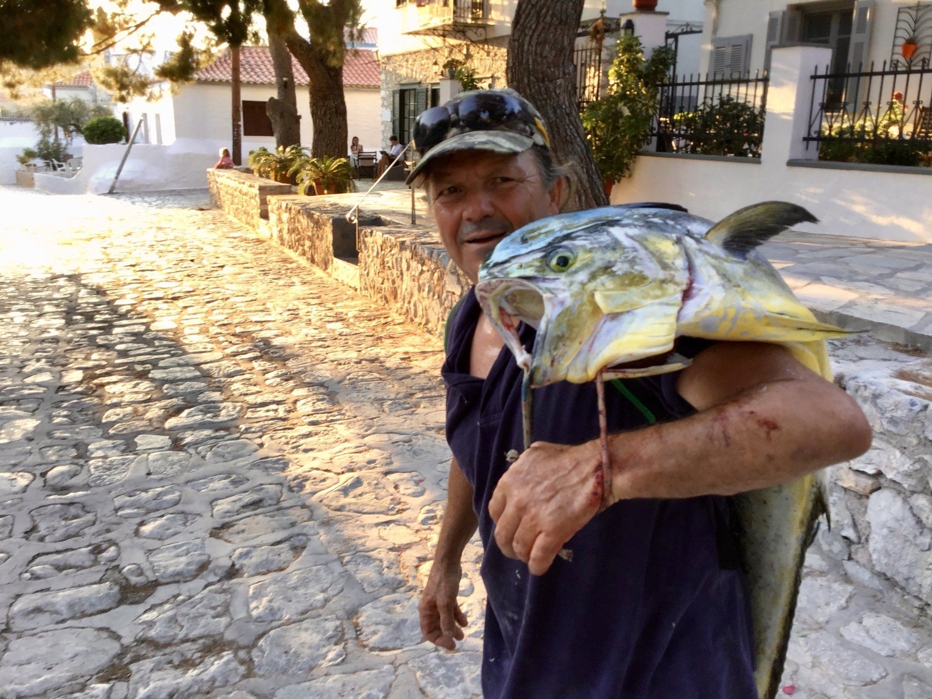 Costas brings home a large fish, sea fishing on Hydra Island Greece.