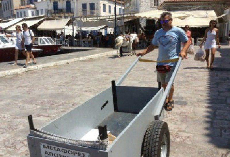 Hand cart operators on Hydra Island Greece for luggage transfers to accommodation