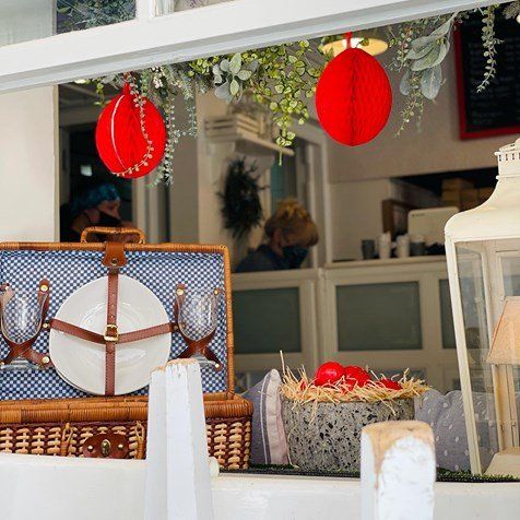 Festive window for Pascha at Kai Kremmidi on Hydra Island Greece.