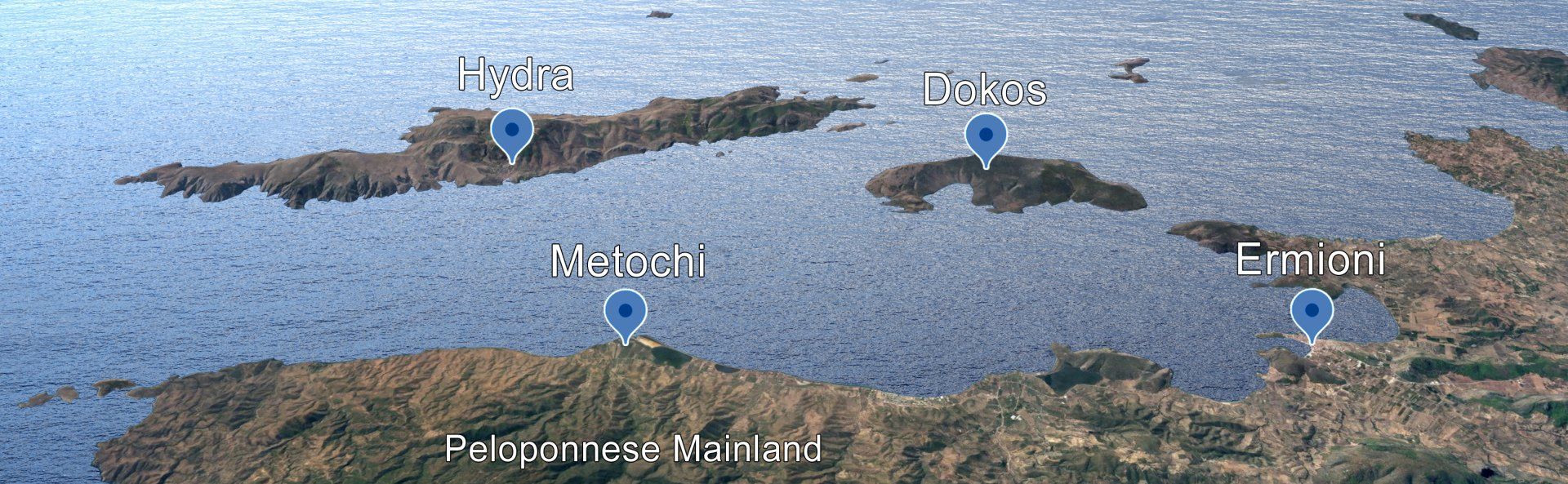 Map showing Hydra Island in relation to the Peloponnese mainland with location Dokos, Ermioni and Metochi.