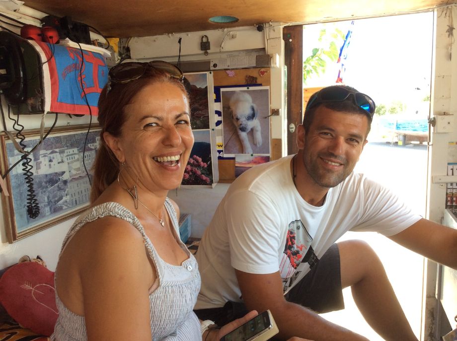 Kiki Zogas & son Lefteris Freedom ticket kiosk at Metochi for Freedom passenger ferry tickets to Hydra