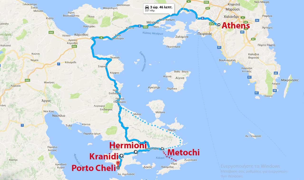 Map of the route to Hydra, driving from Athens to Hydra Island Greece