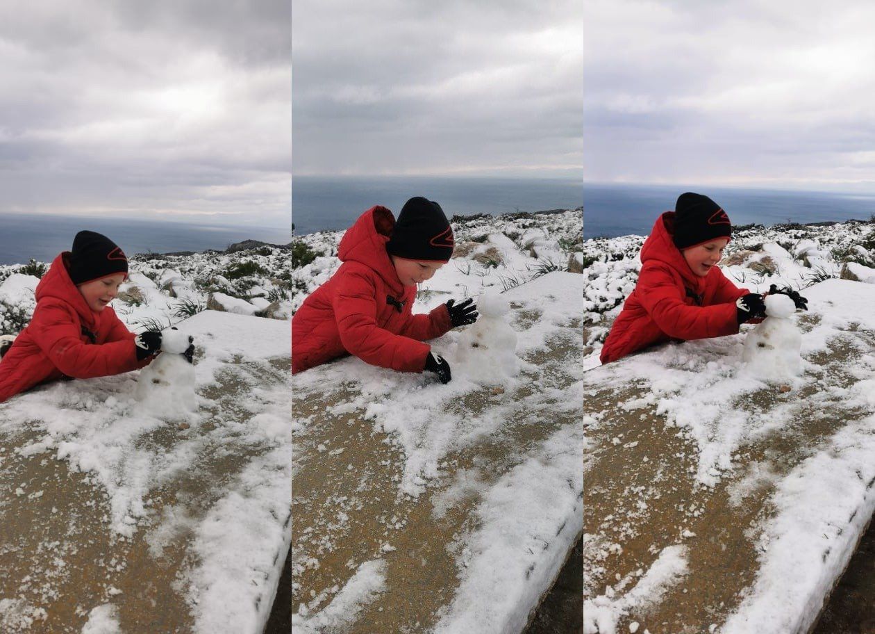 Building a snowman on Hydra Island Greece, January 2022