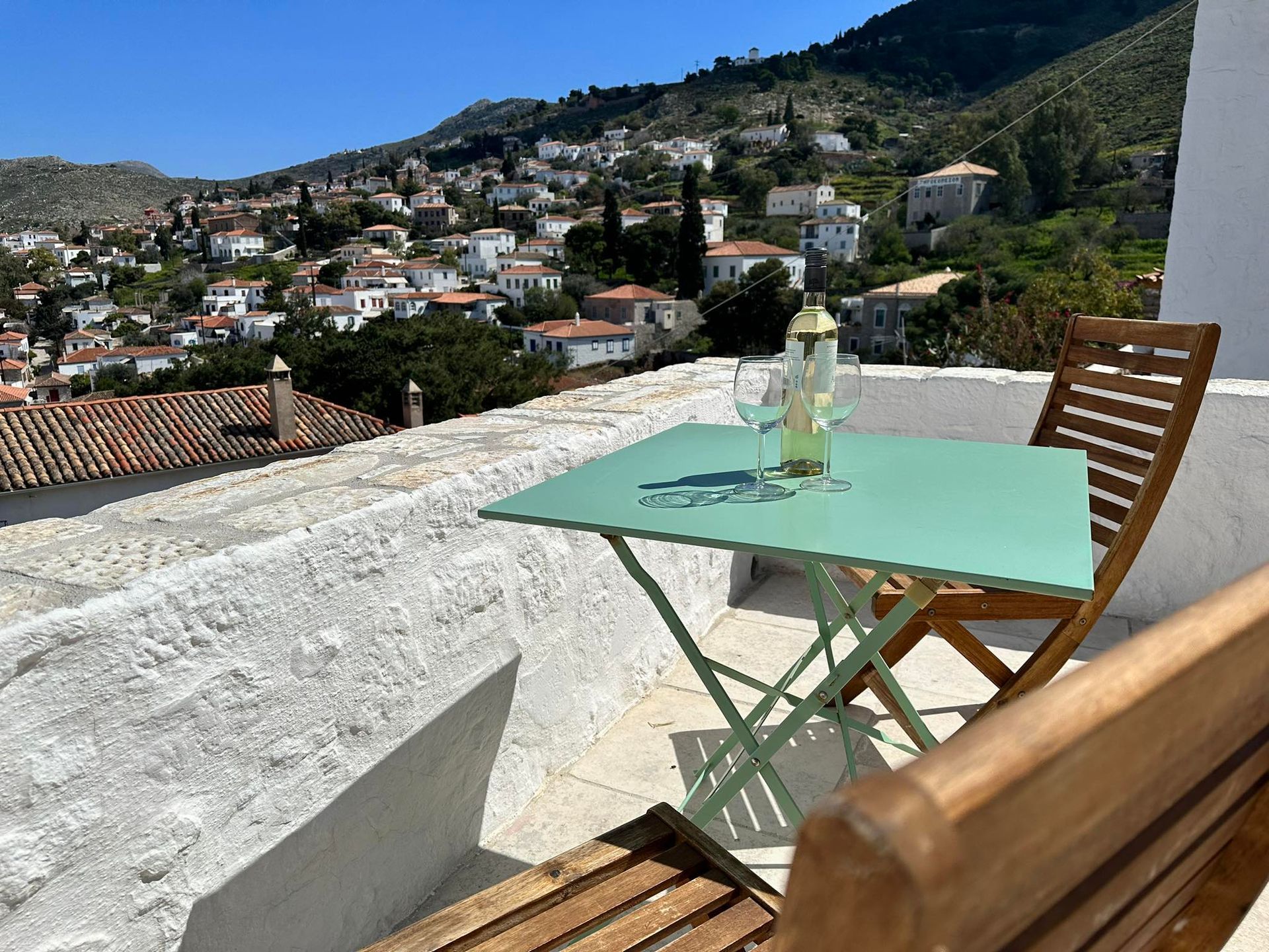 Multiple balconies at Hydra Homesteads, luxury holiday accommodation on Hydra Island Greece.