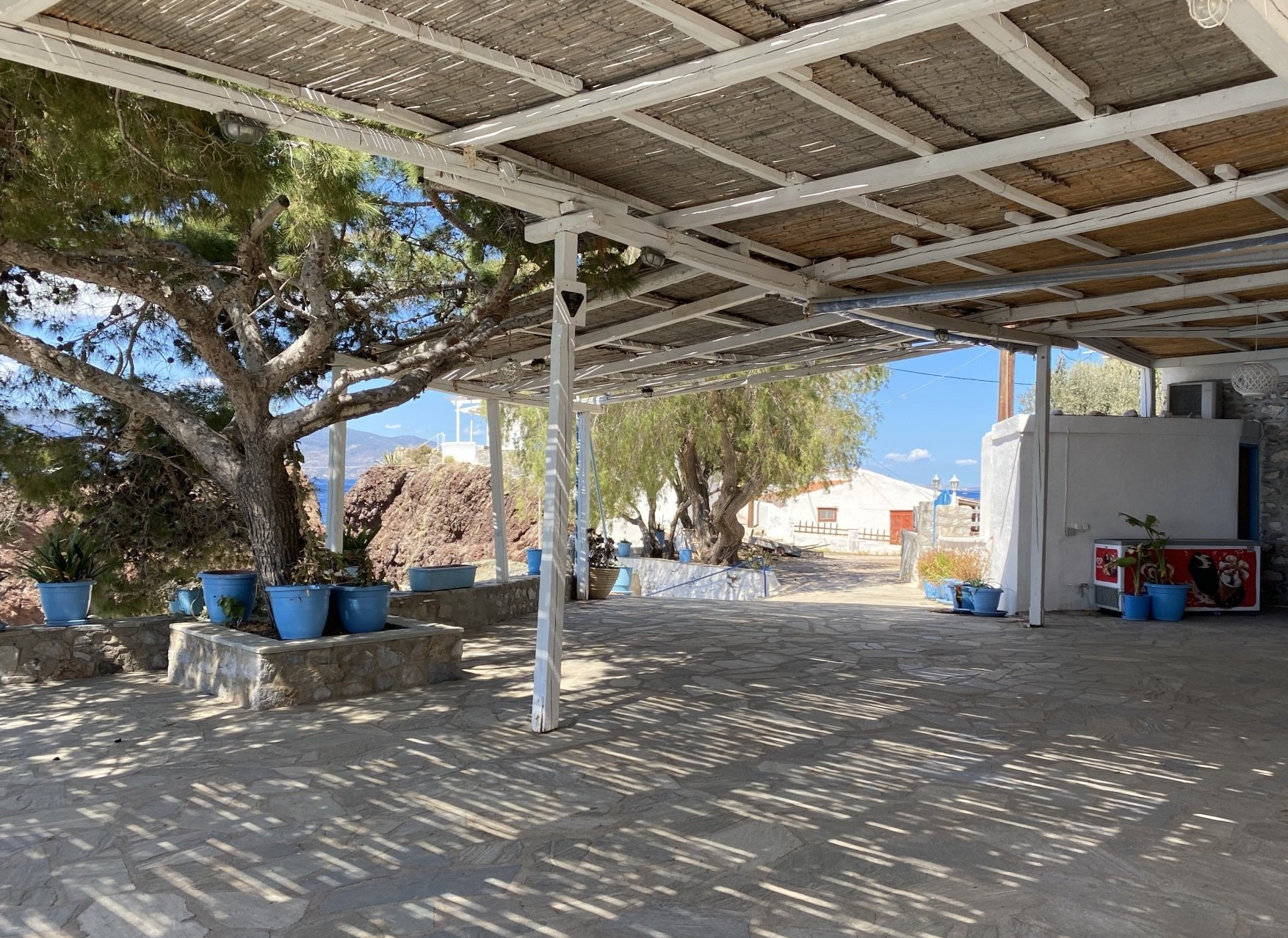 Marina's Taverna in Vlychos on Hydra Island waiting for customers from 14 May 2021