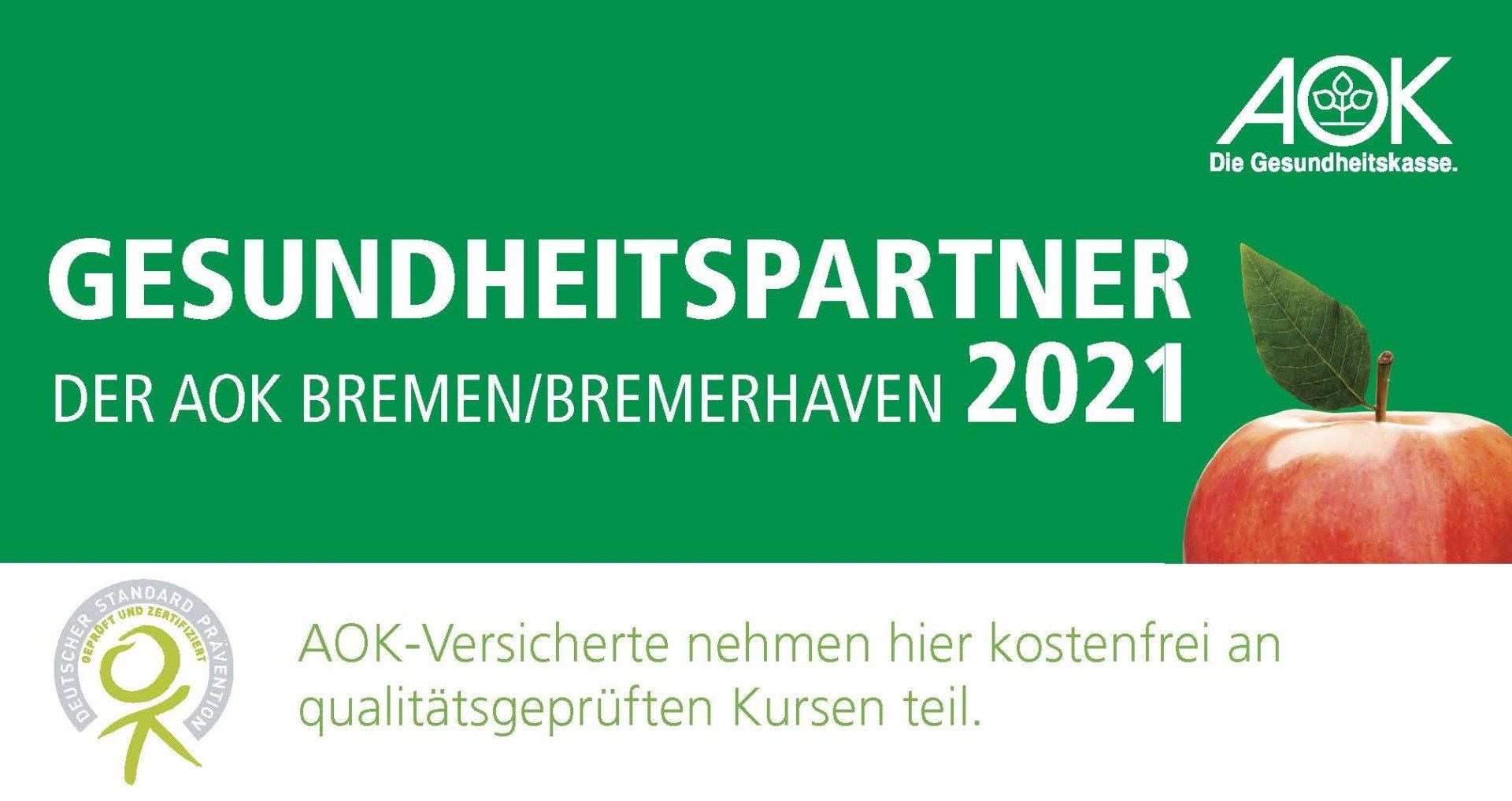 Mrs. Vita ist Gesundheitspartner der AOK Bremen/Bremerhaven 2021. AOK-Versicherte nehmen bei uns kostenfrei an qualitätsgeprüften Kursen teil. Mrs. Vita ist Gesundheitspartner der AOK Bremen/Bremerhaven 2021