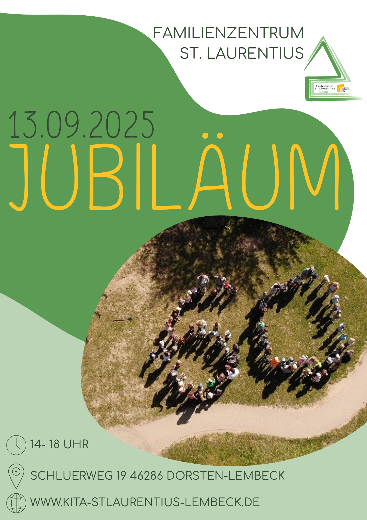 Großes Jubiläumsfest im Familienzentrum
Alle Familien, Freunde und Förderer sind herzlich eingeladen.