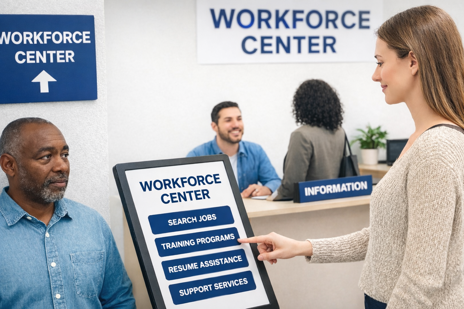 People using a kiosk and getting information in a workforce center.