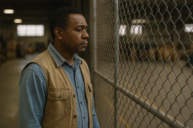 Man with somber look standing next to a gate inside a building.