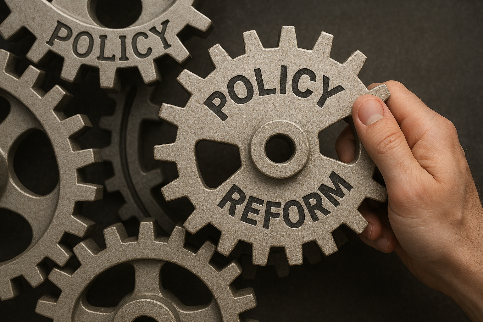 A hand turning a policy reform gear.