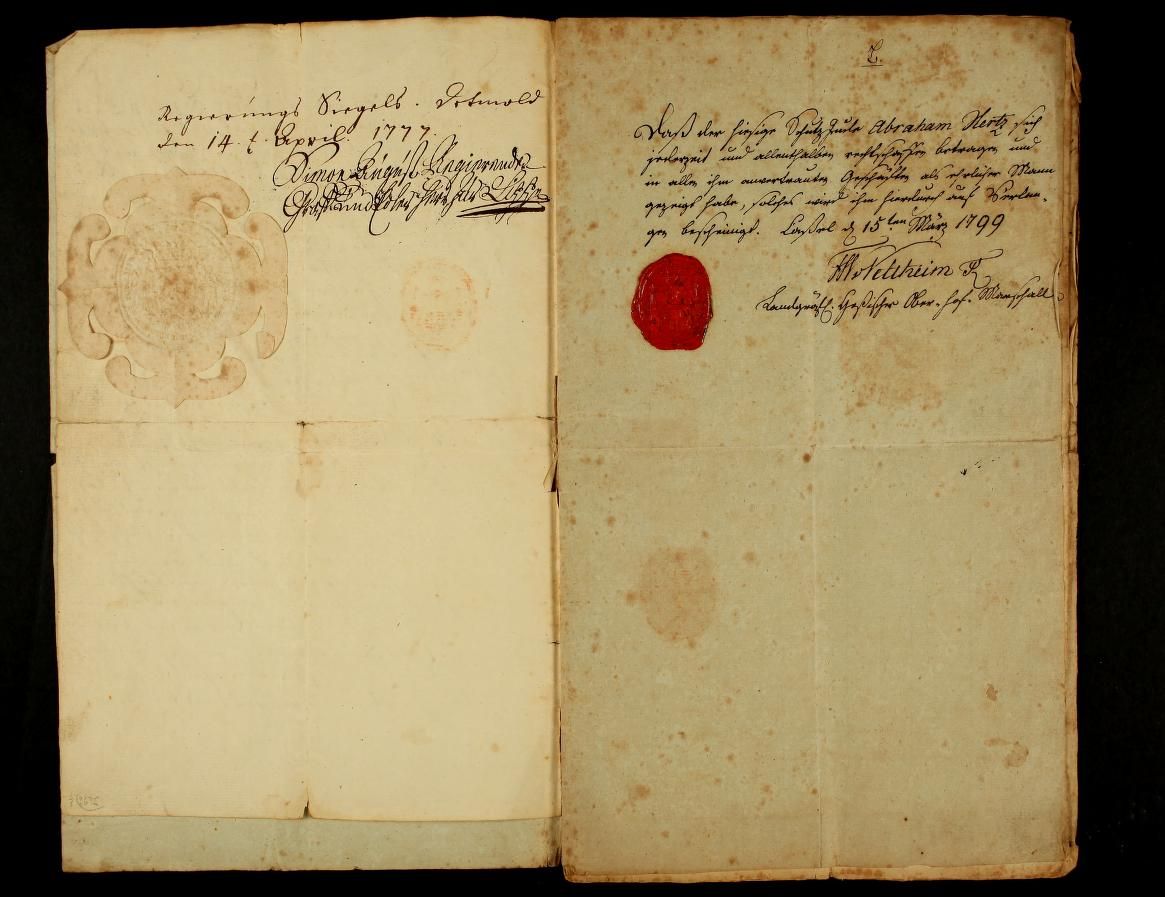 Leumundszeugnis von Veltheim für Abraham Herz Emanzipation Judentum: Gotthelft-Vorfahre