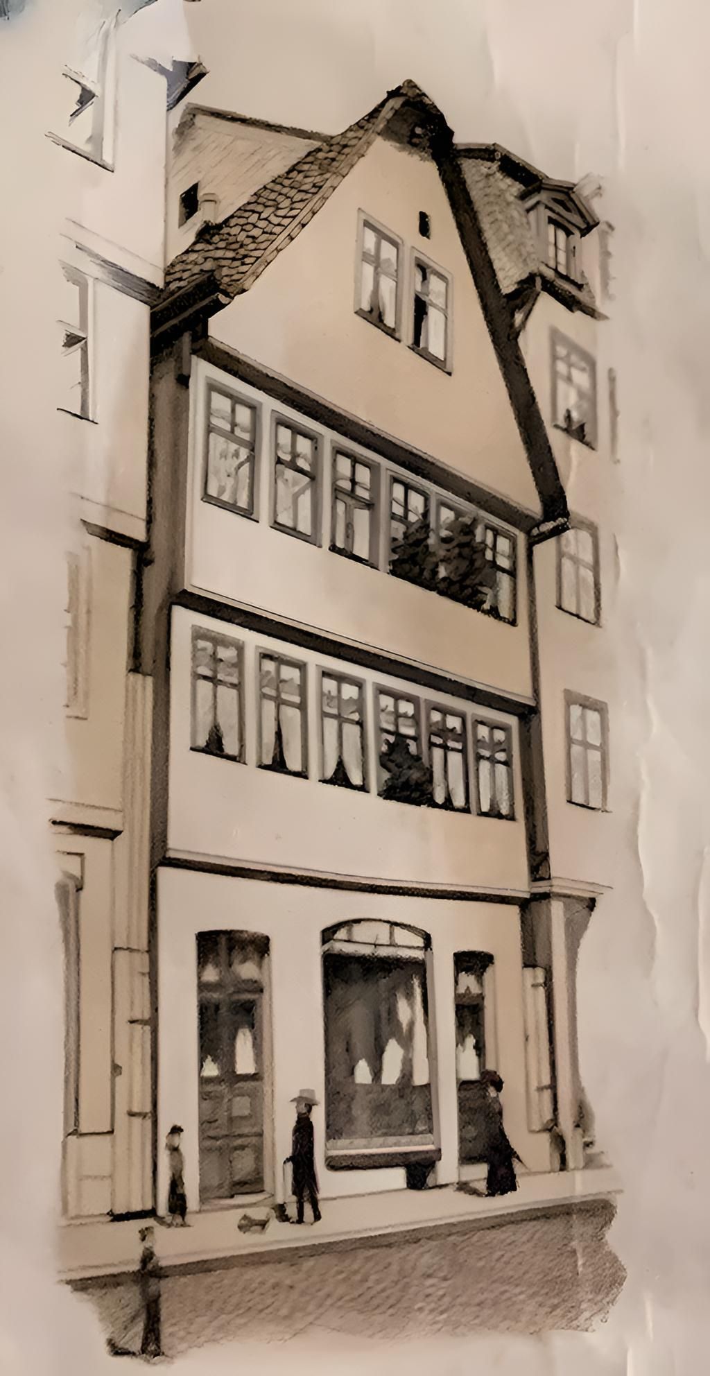 Mittelgasse 31, Zeichnung von Frieda Sichel, ca. 1908 Jüdisches Unternehmertum im Deutschland des 19. Jahrhunderts: Stammhaus von Druckerei und Verlag der Gebrüder Gotthelft.