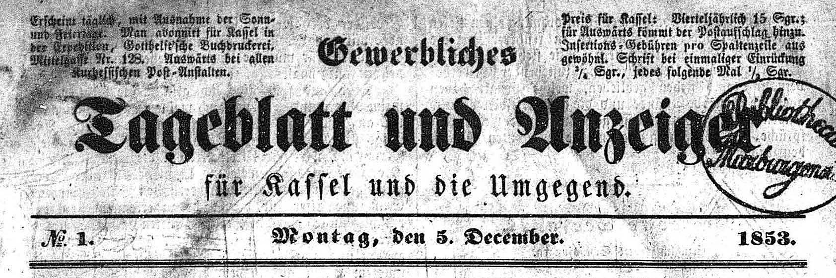 Der Zeitungkopf der Nummer 1 vom 5. Dezember 1853 (Mikrofilmkopie) Die Zeitung der Gotthelfts