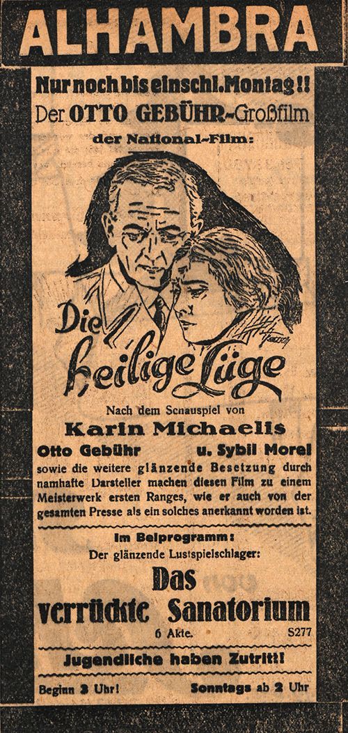 Kinowerbung zum Film Heilige Lüge mit Sybil Morel und Otto Gebuhr