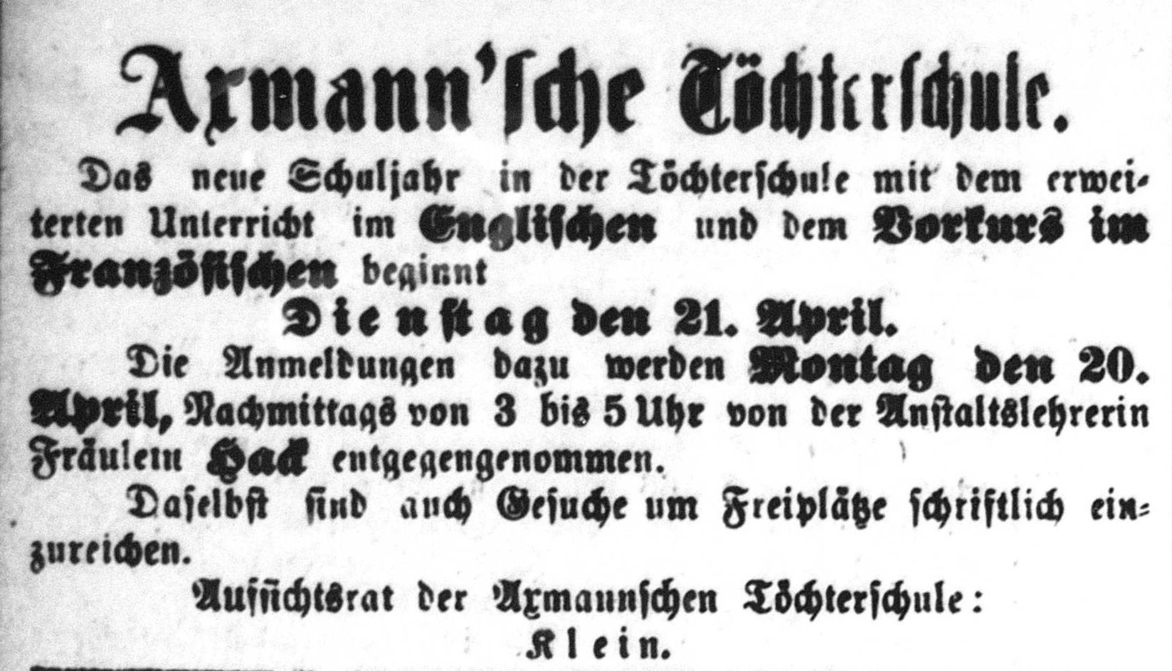 Wertheimer Zeitung vom 19.4.1903 Annonce der Axmannschen Töchterschule, die Sybil Morel von 1903 bis 1907 in Wertheim besuchte.