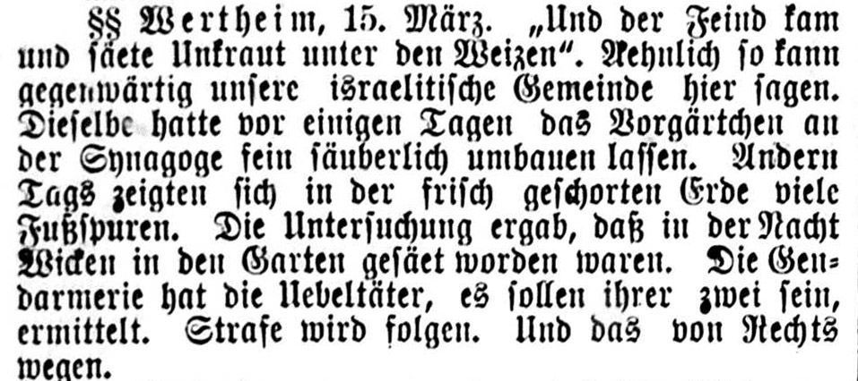Bericht in der Wertheimer Zeitung über antismitische Straftat. Sybil Morel/Bertha Gotthelft in Wertheim: Zeitungsbericht über Verunstaltung des Vorgartens an der Synagoge.