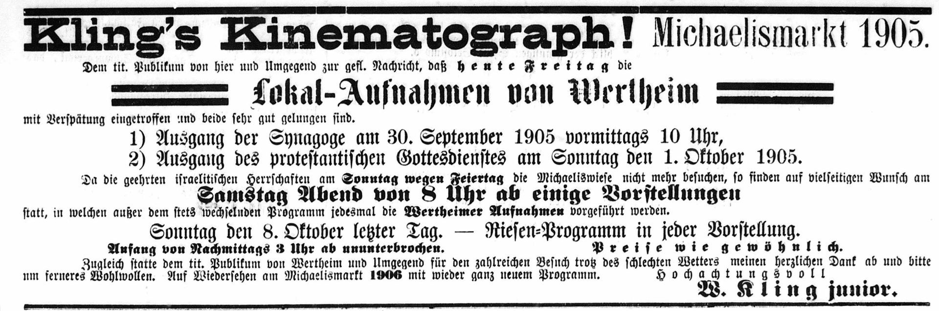 Annonce von Kling's Kinematograph in der Wertheimer Zeitung Sybil Morel/Bertha Gotthelft in Wertheim: Michaelismarkt 1905. Kinematograph auf der Michaeliswiese