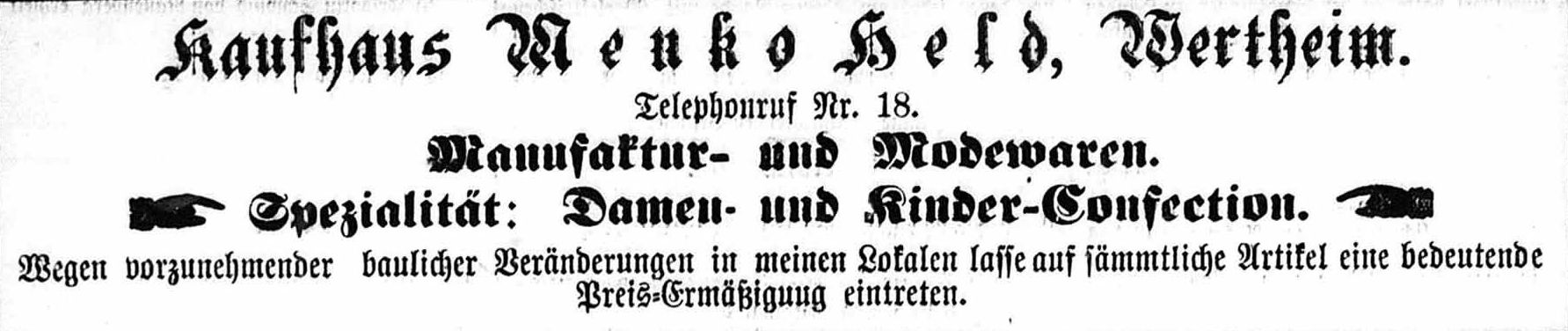 Jüdisches Leben in Wertheim: Kaufhaus Menko Held Sybil Morel/Bertha Gotthelft: Jüdisches Leben in Wertheim