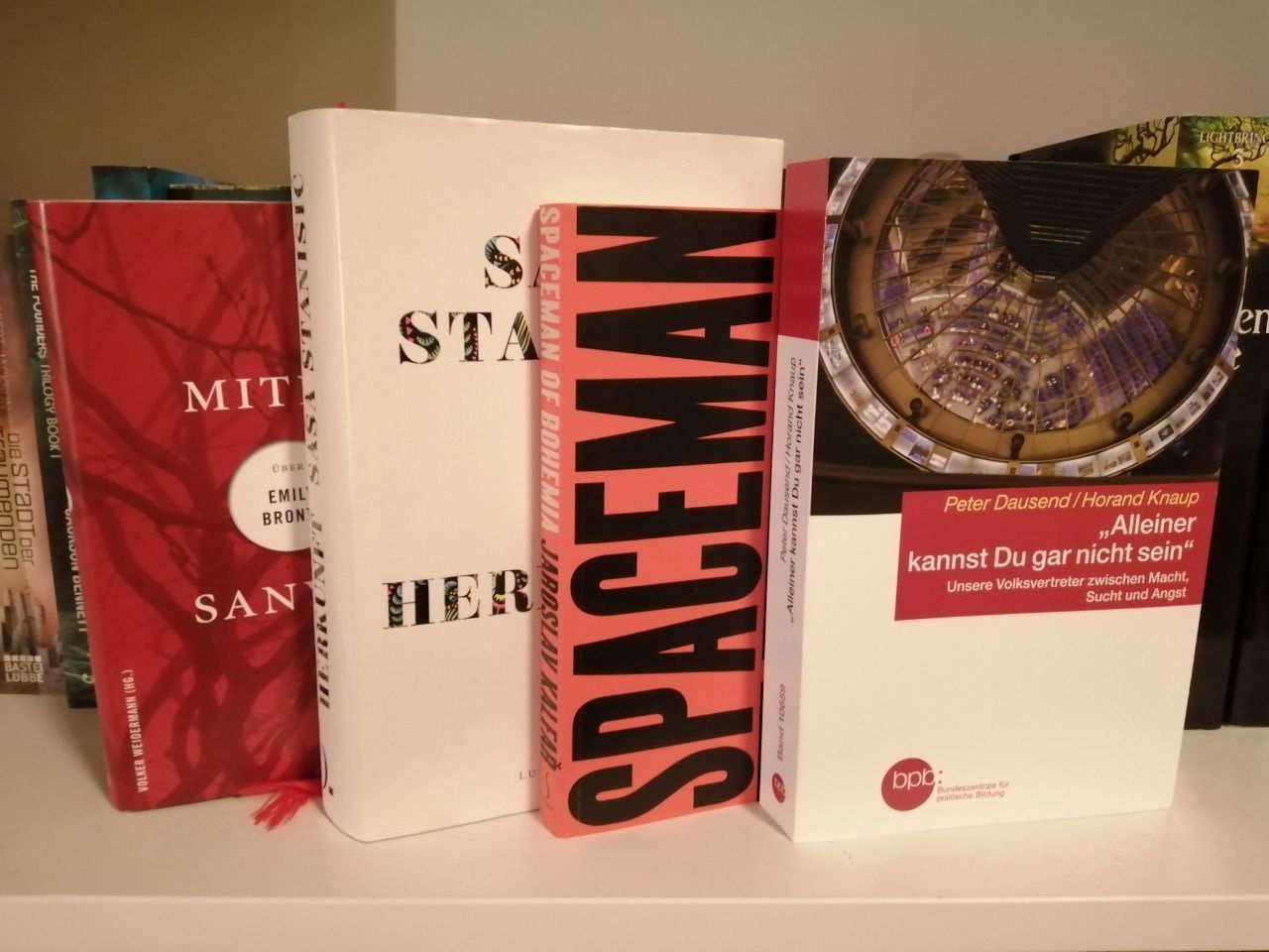 Vier der im Beitrag beschriebenen Bücher in einem weißen Regal