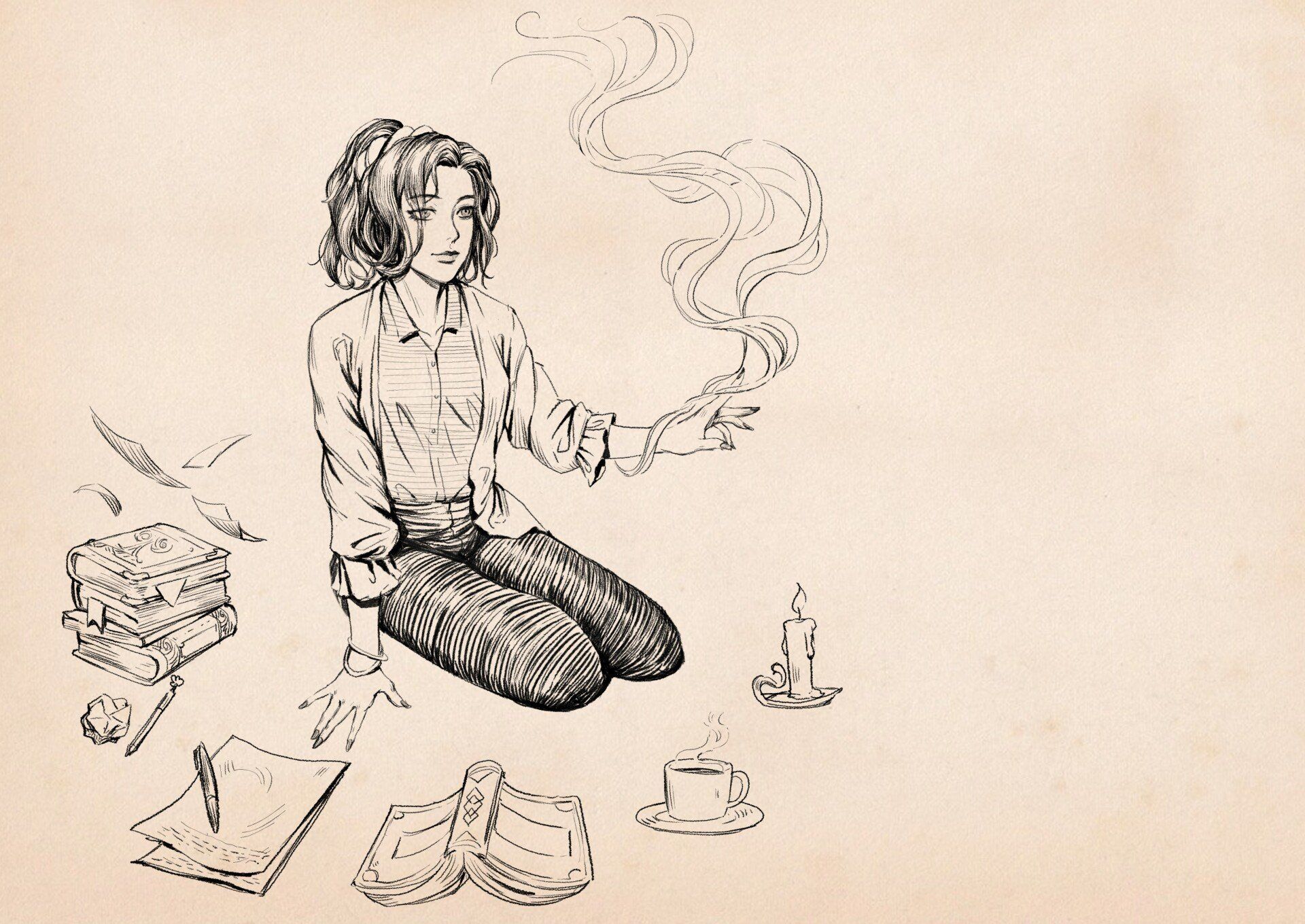 Skizze einer jungen, dunkelhaarigen Frau, um deren Finger sich so etwas wie Rauch kringelt. Sie kniet auf dem Boden und ist von Büchern und angefangenen Notizen umgeben.