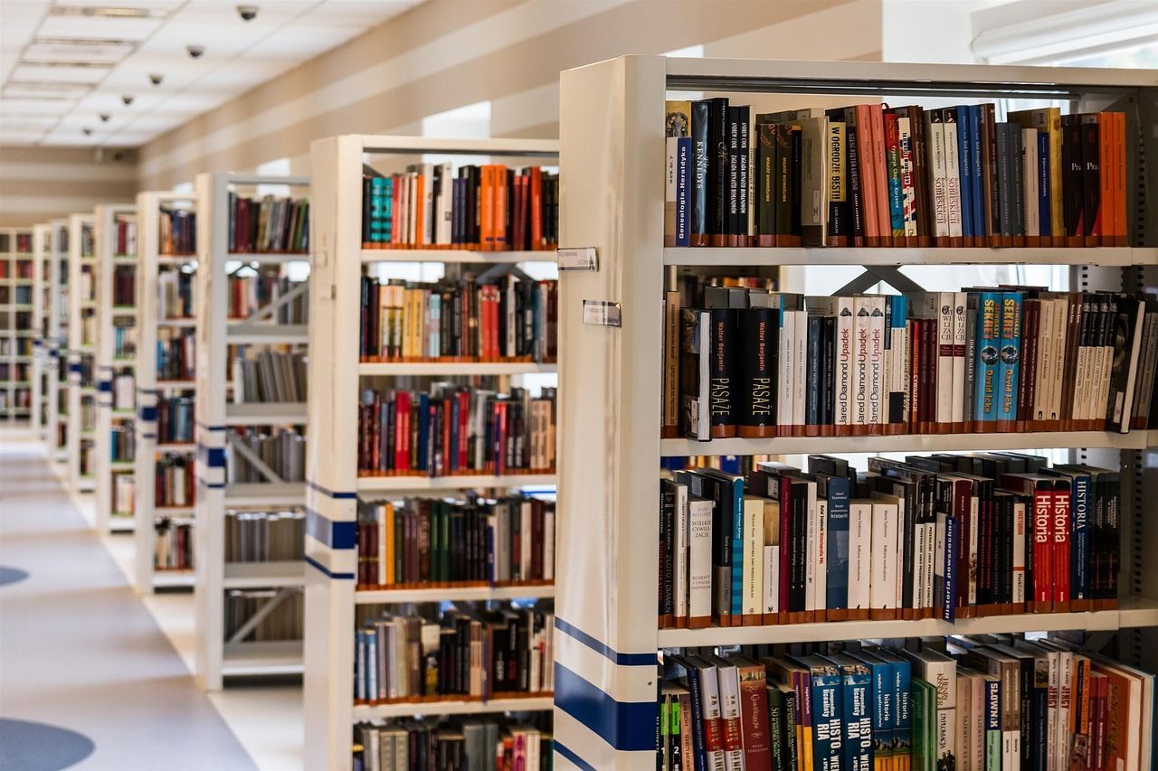 Foto einer Bibliothek mit vielen Büchern in weißen Regalen.