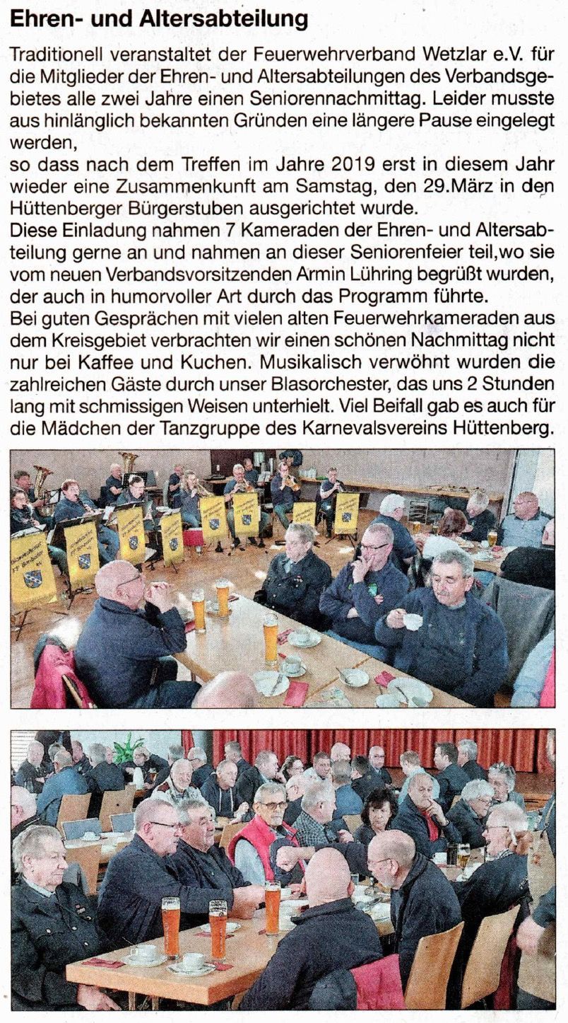Bericht der Stadtnachrichten Braunfels über ein Treffen der Alters- und Ehrenabteilung.