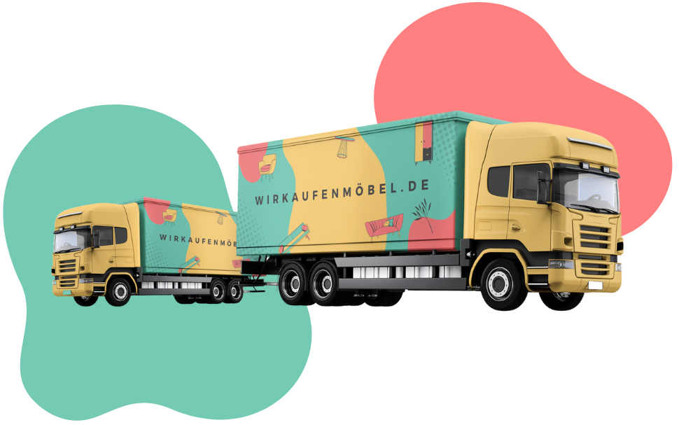 Die Leistungen von wirkaufenmoebel.de im Überblick. Zwei LKW repräsentieren die Logistik Flotte und unsere kostenlosen Möbel-Abholungen.