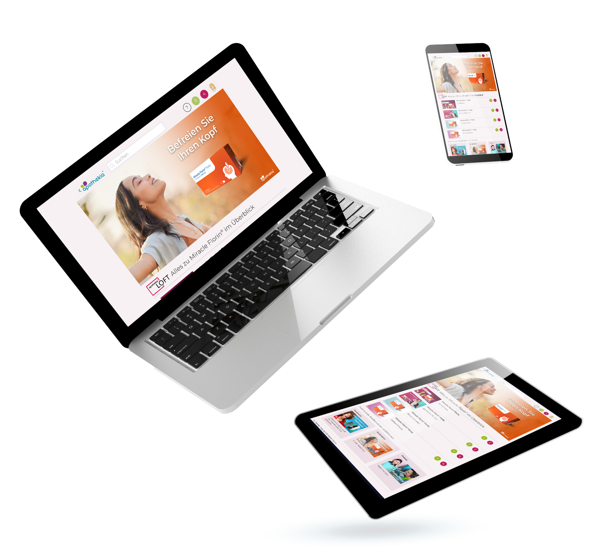 Diverse digitale Geräte, die apothekia`s responsive Design zeigen