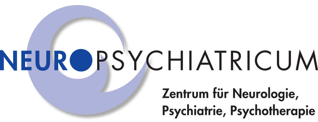Logo des Neuropsychiatricum auf Farbverlauf von hellblau bis dunkelblau: Text Zentrum für Neurologie, Psychiatrie, Psychotherapie