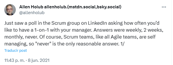 Tweet de Allen Holub sobre los managers Tweet de Allen Holub sobre los managers